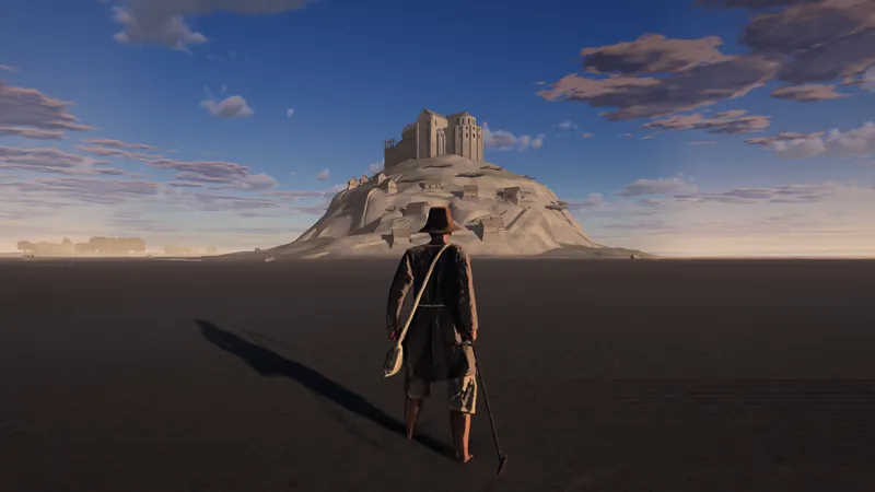 A traveller walking toward Mont-Saint-Michel at dawn