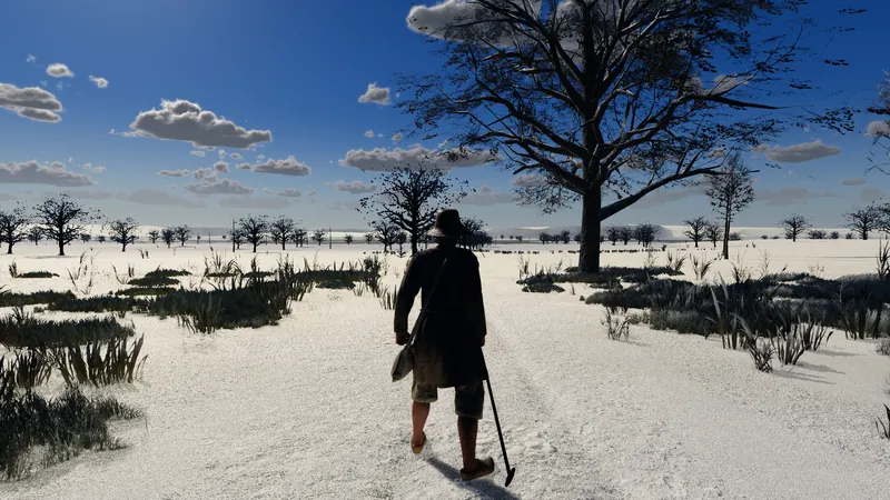 The same lane under snow, the oak bare